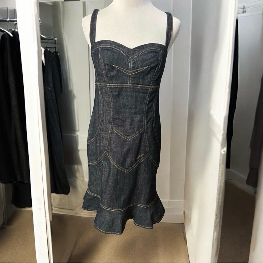 Bebe Dark Blue Sweetheart Denim Ruffle hem dress Size M # 876